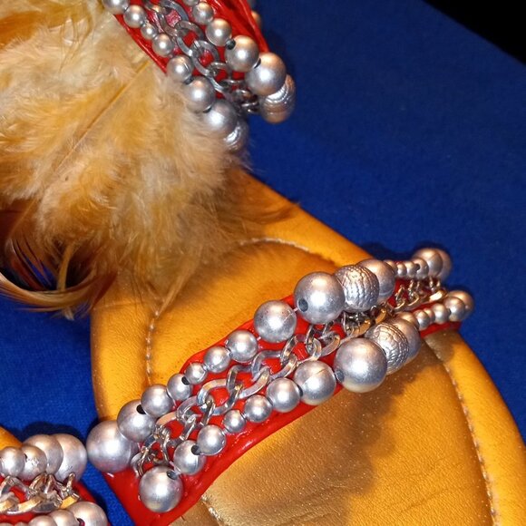 RUNWAY READY  Red Feather Rhinestone Jeweled  Sandal - Picture 3 of 4